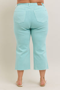 LIGHT BLUE SKY HIGH WAIST GARMENT DYED RAW HEM CROP WIDE LEG JUDY BLUE DENIM-PLUS