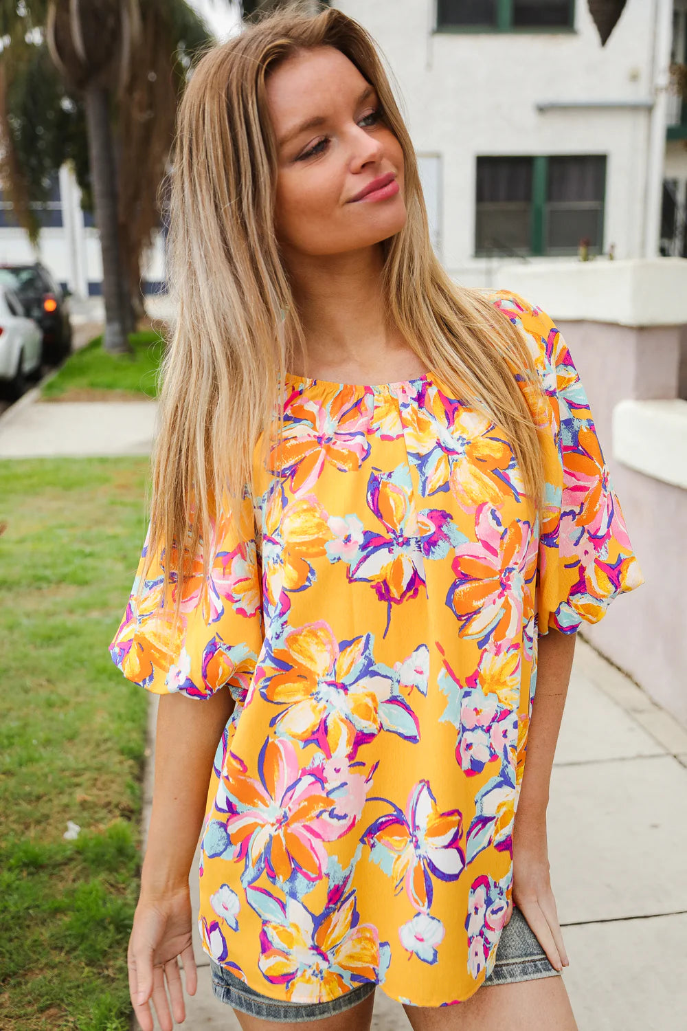 YELLOW PINK BLUE FLORAL BUBBLE SLEEVE TOP