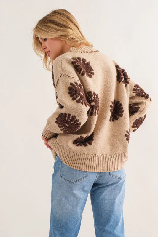 TAUPE BROWN FLORAL DESIGN THICK SWEATER-PLUS