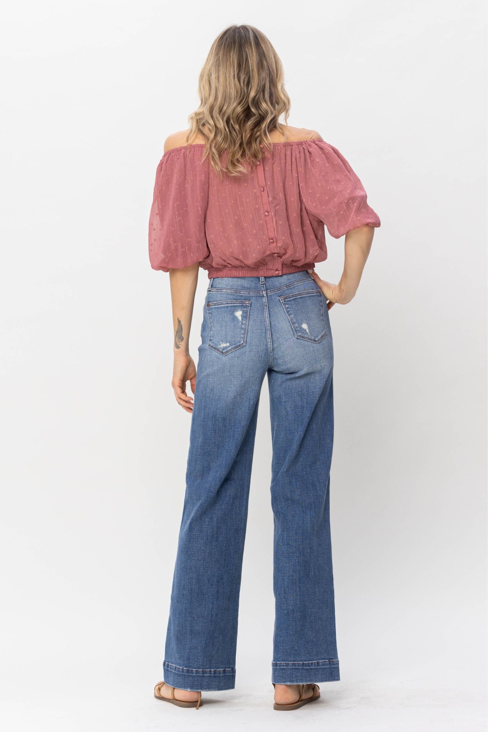 HIGH WAIST MILD DESTROYED TROUSER WIDE LEG MEDIUM WASH JUDY BLUE DENIM