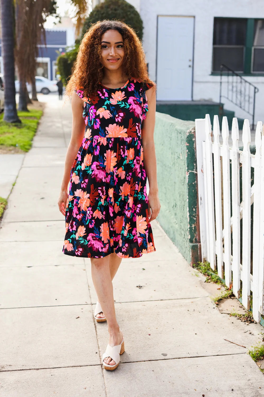 BLACK PINK FLORAL FLUTTER DRESS