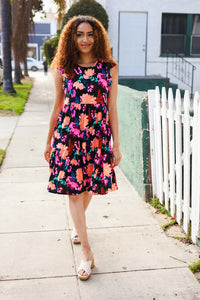 BLACK PINK FLORAL FLUTTER DRESS