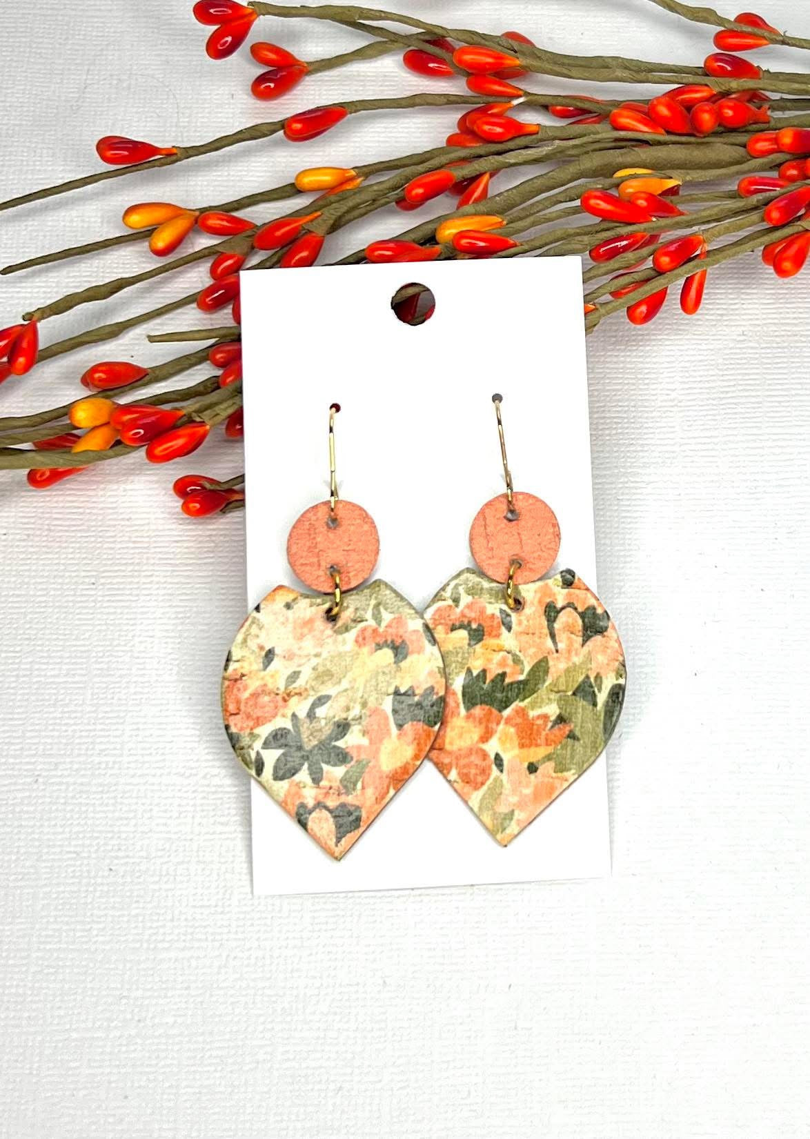 PEACH OLIVE GREEN SAGE CREAM FLORAL PRINTED GEO-SHAPE 2-TIER LEATHER DANGLES HANDMADE EARRINGS BY B.O.D