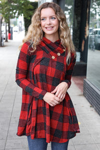 RED PLAID BUTTON NECK TUNIC