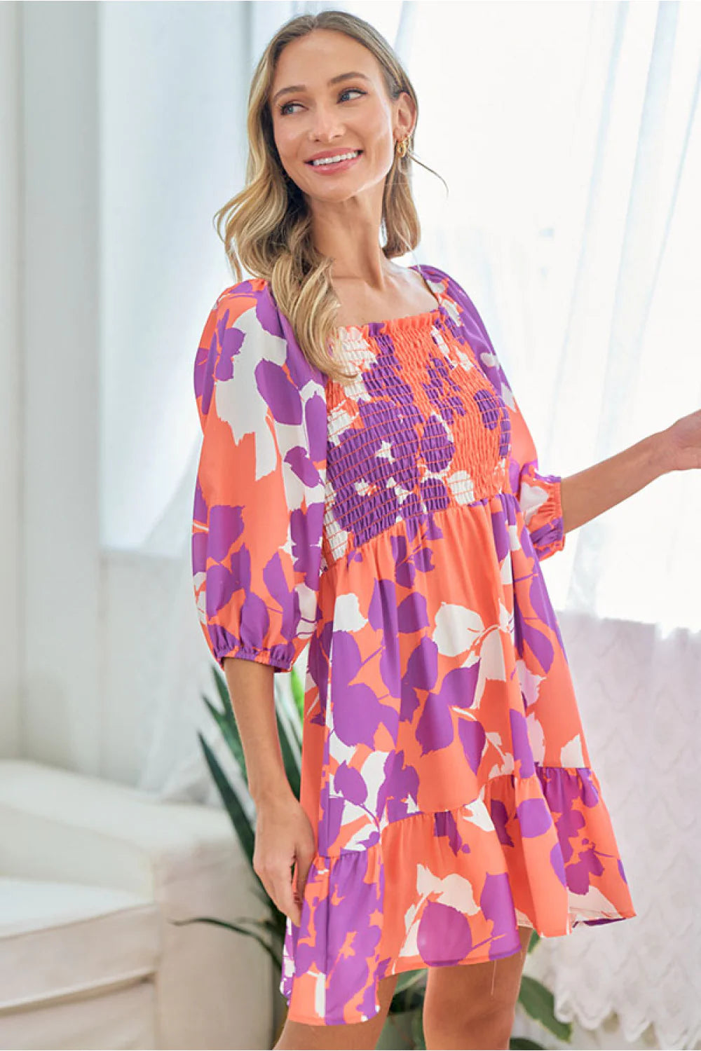 CORAL PURPLE FLORAL BABYDOLL FIT & FLARE SMOCKED DRESS- PLUS- SALE