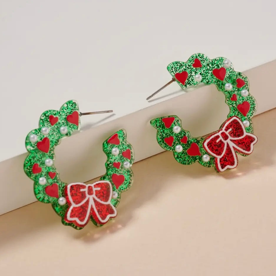 GREEN RED WREATH HOOP EARRINGS