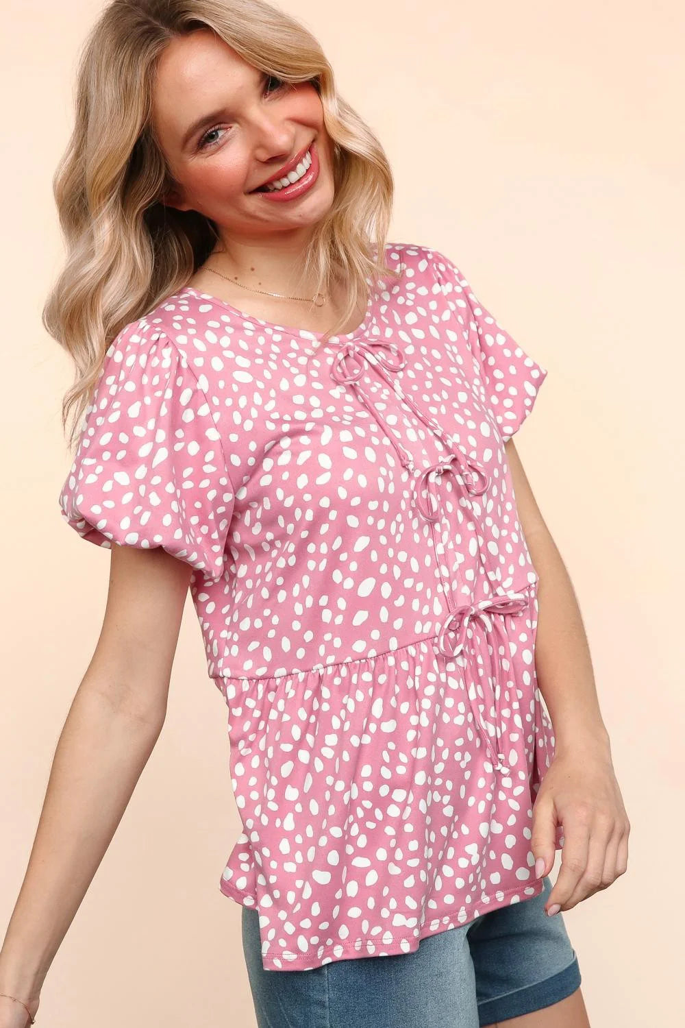 ROSE ANIMAL DOTTED FRONT RIBBONS BOW TIE BABYDOLL KNIT TOP