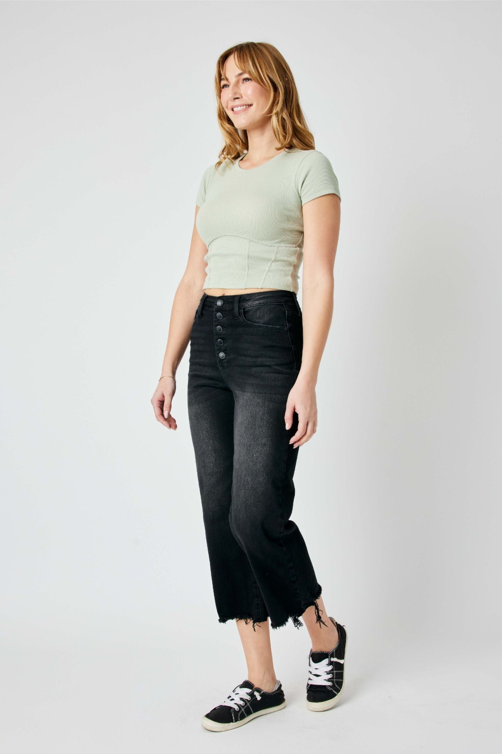 BLACK HIGH WAIST DESTROYED RAW HEM CROP WIDE LEG JUDY BLUE DENIM