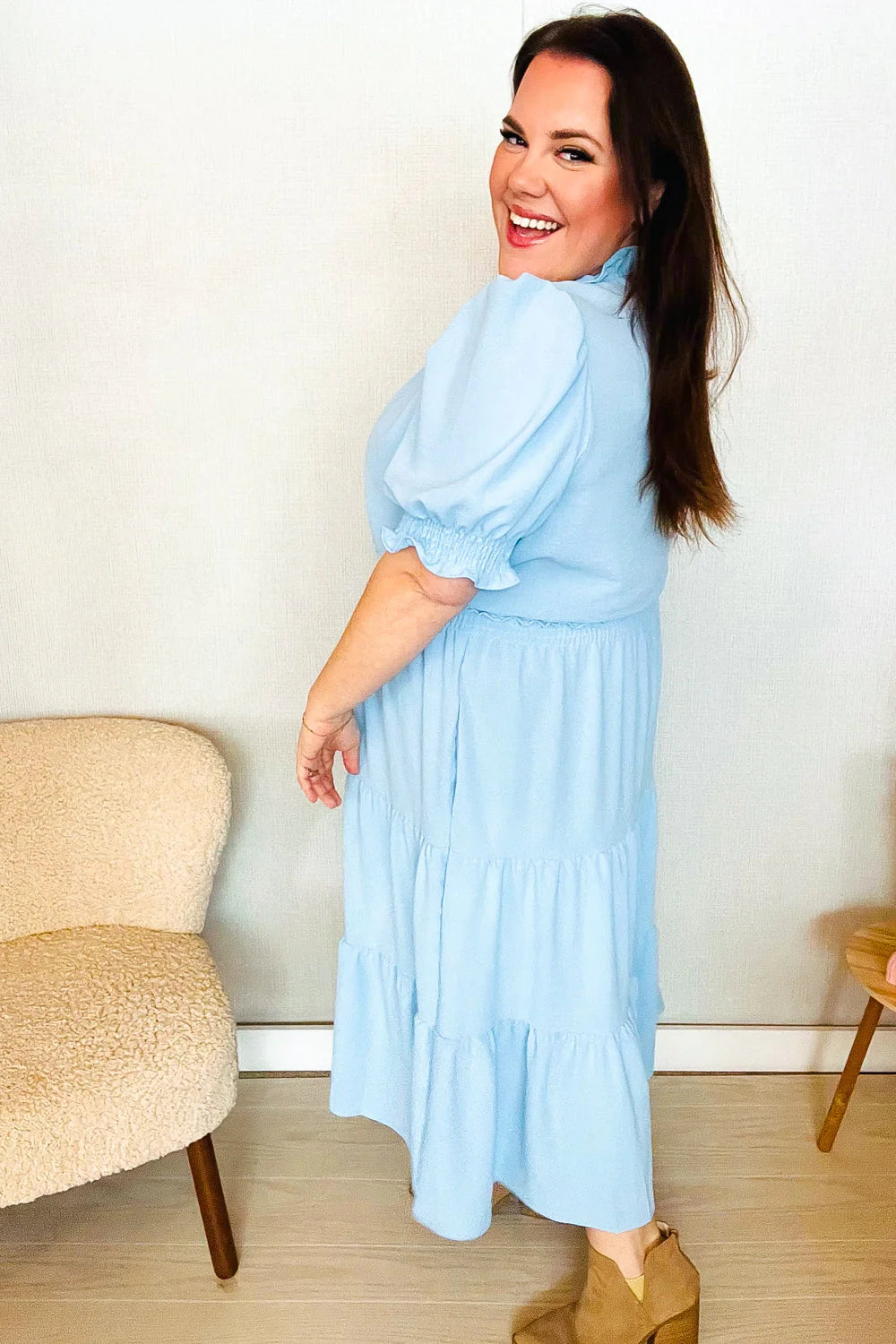 BABY BLUE PERIWINKLE FRILLY NOTCH NECK SHIRRED WAIST TIERED MAXI DRESS