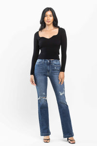 DARKWASH MID RISE HAND SAND DESTROYED BOOTCUT JUDY BLUE DENIM