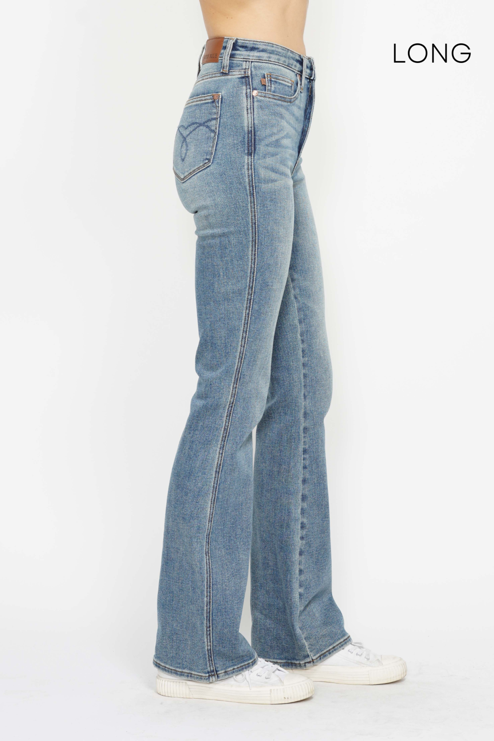*SHORT INSEAM* HIGH WAIST TUMMY CONTROL MEDIUM WASH BACK POCKET EMBROIDERY BOOTCUT JUDY BLUE DENIM
