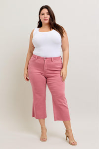 ROSE HIGH WAIST GARMENT DYED RAW HEM CROP WIDE LEG JUDY BLUE DENIM-PLUS