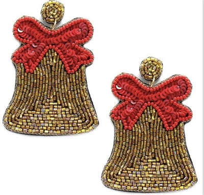 GOLD RED BELLS SEED BEAD 2" EARRINGS
