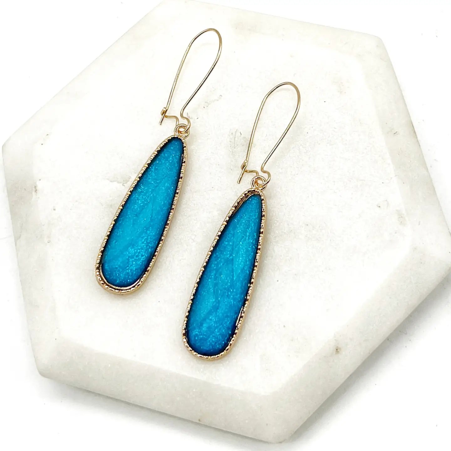 TURQUOISE GOLD LONG GEMSTONE TEARDROP ACRYLIC STATEMENT HANDMADE BBB EARRINGS