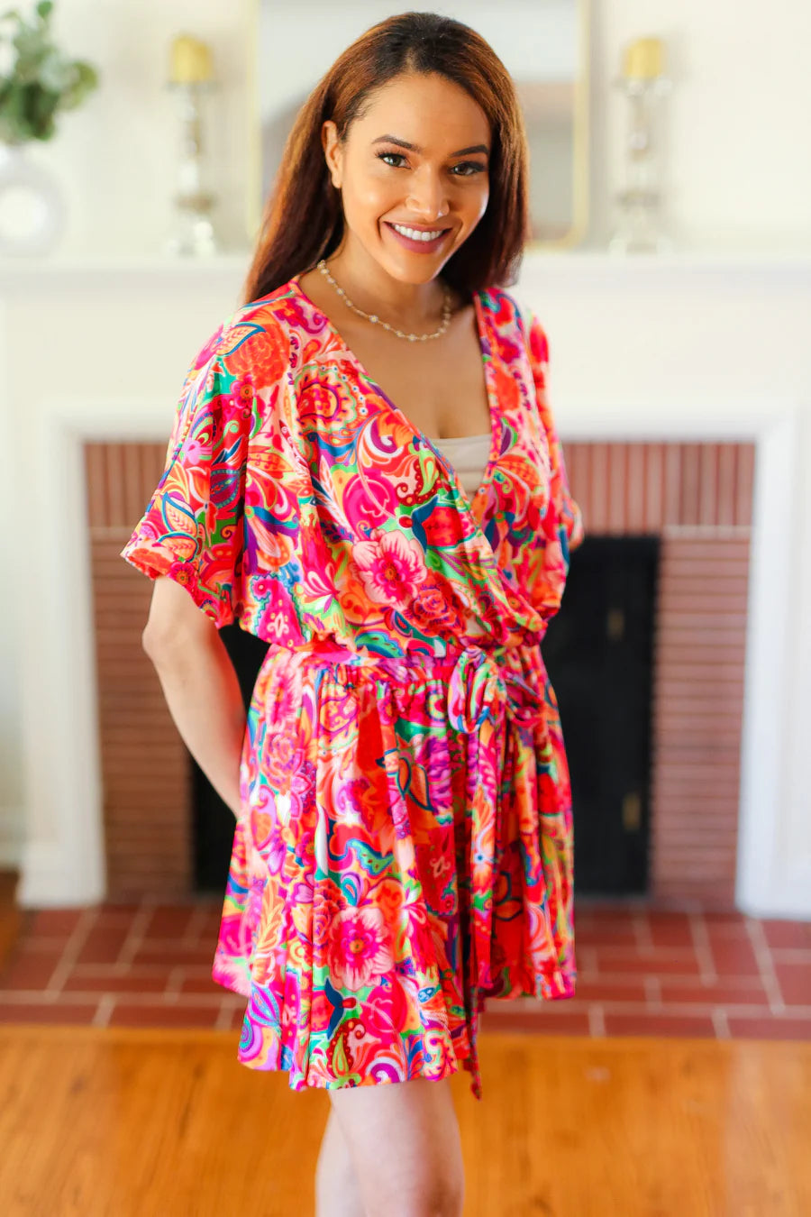 MULTI COLOR BOHO ABSTRACT FLORAL POCKETED ROMPER-PLUS