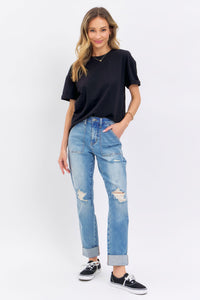 HIGH WAIST PATCH POCKET & DESTROYED BOYFRIEND MEDIUM WASH JUDY BLUE DENIM