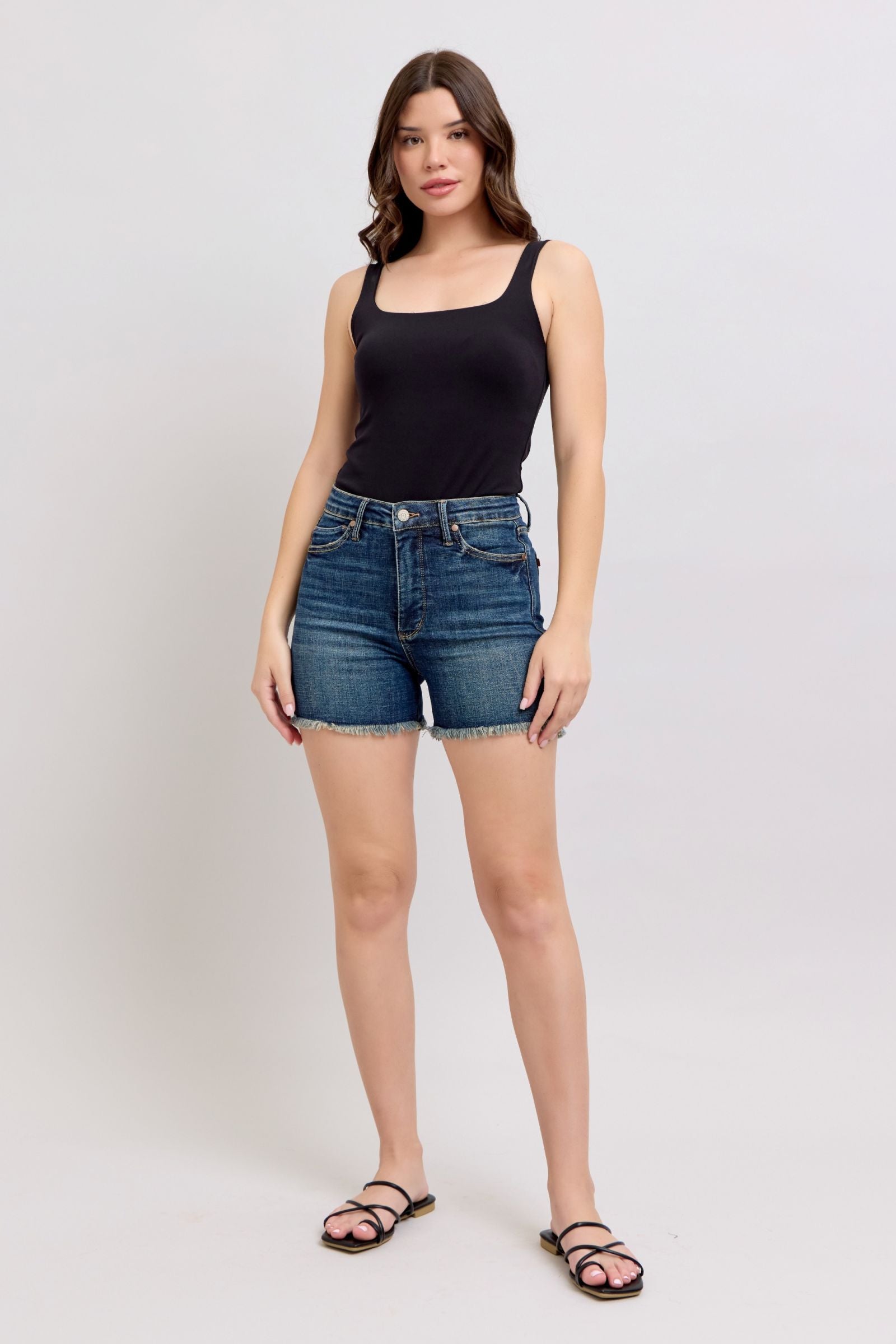 DARKWASH TUMMY CONTROL HIGH WAIST FRAYED HEM SHIELD BACK POCKETS SHORTS JUDY BLUE DENIM-PLUS