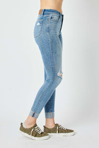 SKINNY MEDIUM WASH MID RISE DESTROYED CUFFED JUDY BLUE DENIM-PLUS