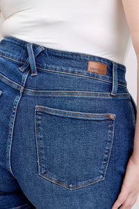 DARKWASH HIGH WAIST DOUBLE BUTTON WAISTBAND SHORTS JUDY BLUE DENIM-PLUS