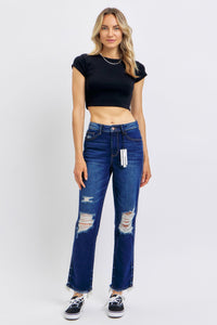 HIGH WAIST RIGID MAGIC HEAVY DESTROYED STRAIGHT DARKWASH JUDY BLUE DENIM