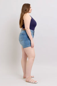 MEDIUM WASH HIGH WAIST TUMMY CONTROL COOL DENIM DOUBLE WAISTBAND SHORTS BY JUDY BLUE-PLUS