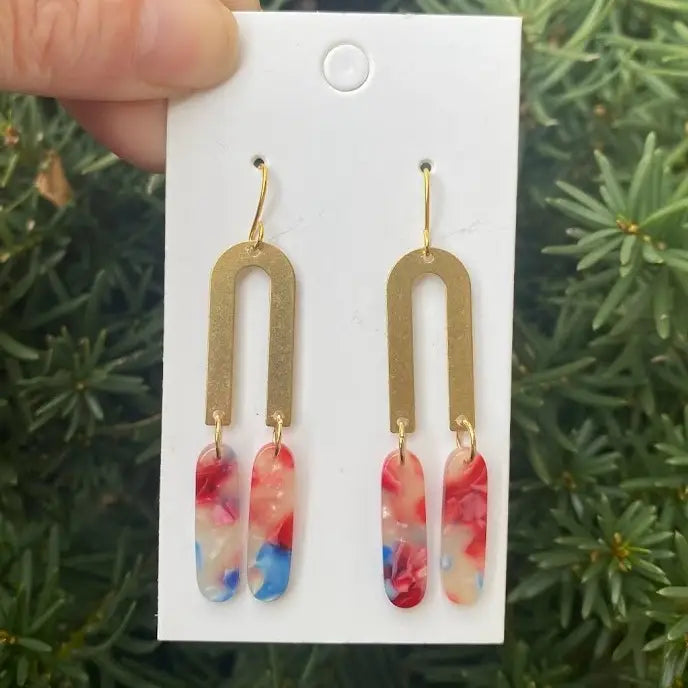 PINK CORAL BLUE ACRYLIC DANGLY GOLD OBLONGATED ARCH HANDMADE BBB EARRINGS