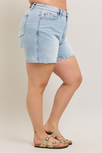 HIGH WAIST RIGID MAGIC LIGHT WASH DENIM SHORTS BY JUDY BLUE-PLUS