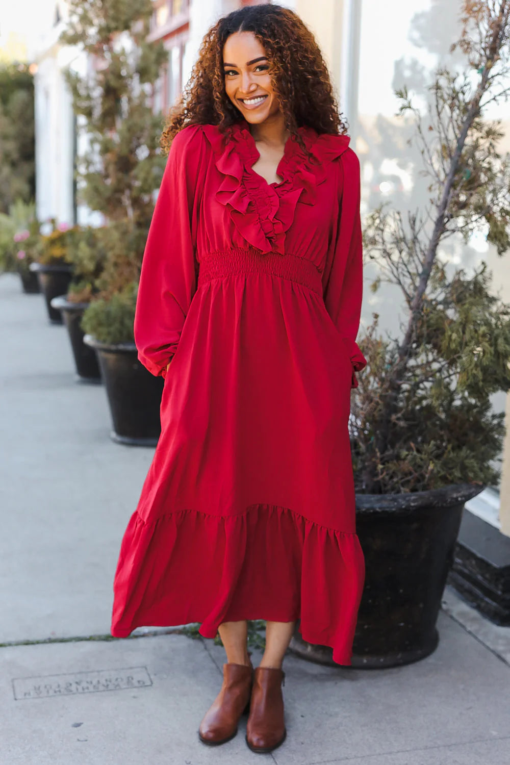 RED BEAUTIFUL YOU HOLIDAY RUFFLE SURPLICE VNECK MAXI DRESS-PLUS