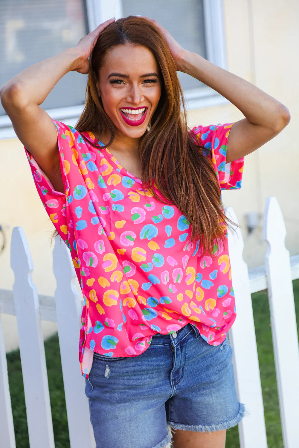 FUCHSIA AQUA ORANGE MULTI ANIMAL LEOPARD PRINT DOLMAN TOP-PLUS
