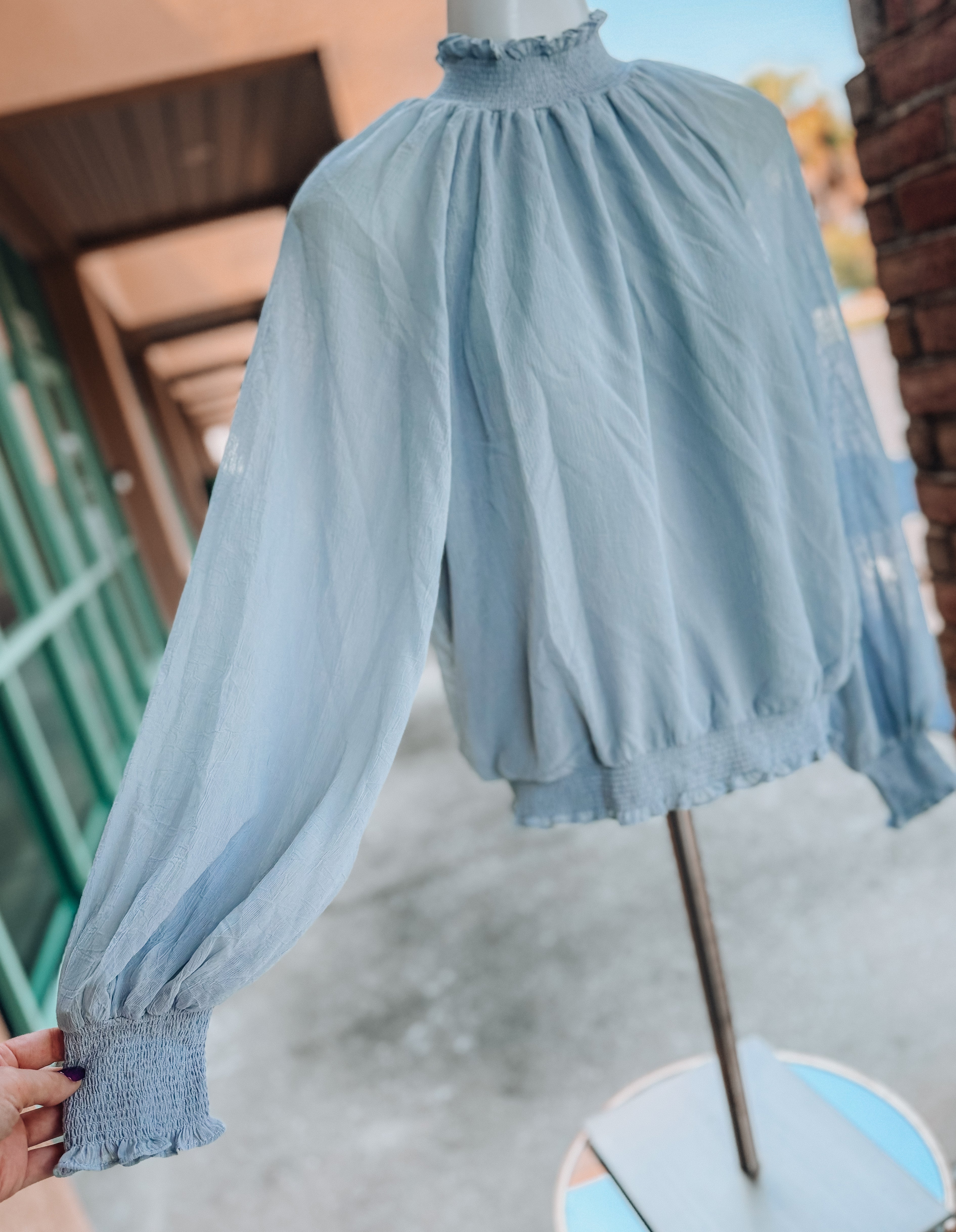 Blue Chiffon Ruched Neck Top- SALE