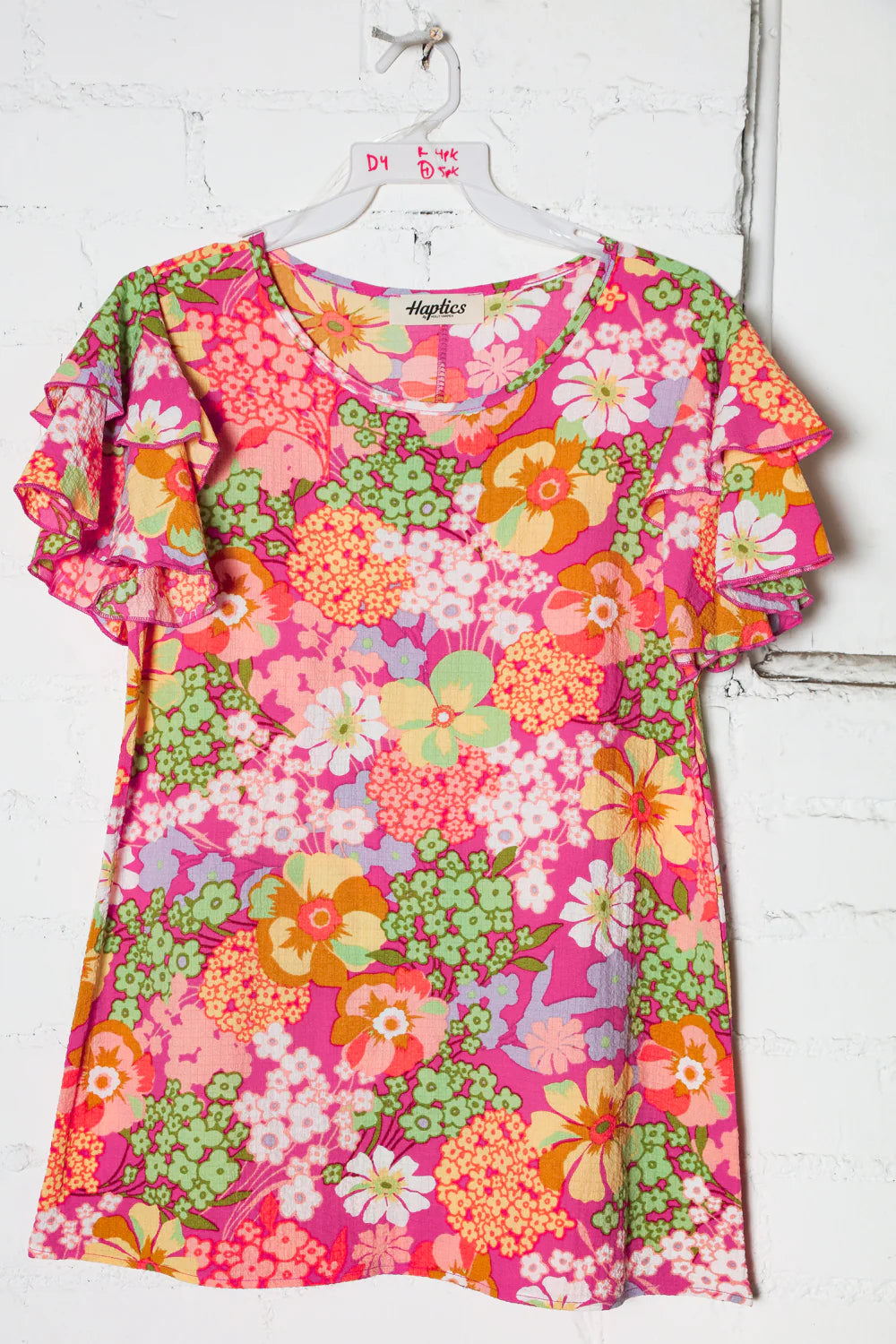 FUCHSIA PINK ORANGE GREEN YELLOW FLORAL CREPE WOVEN RUFFLE TOP- SALE