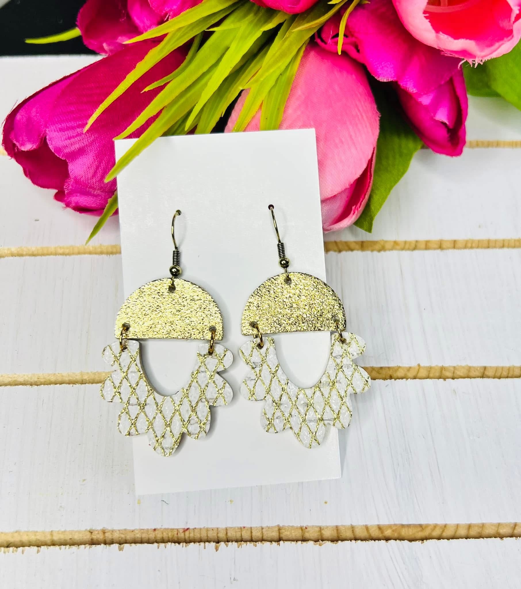 GOLD IVORY METALLIC SCALLOPED DESIGN LEATHER HANDMADE EARRINGS BY B.O.D