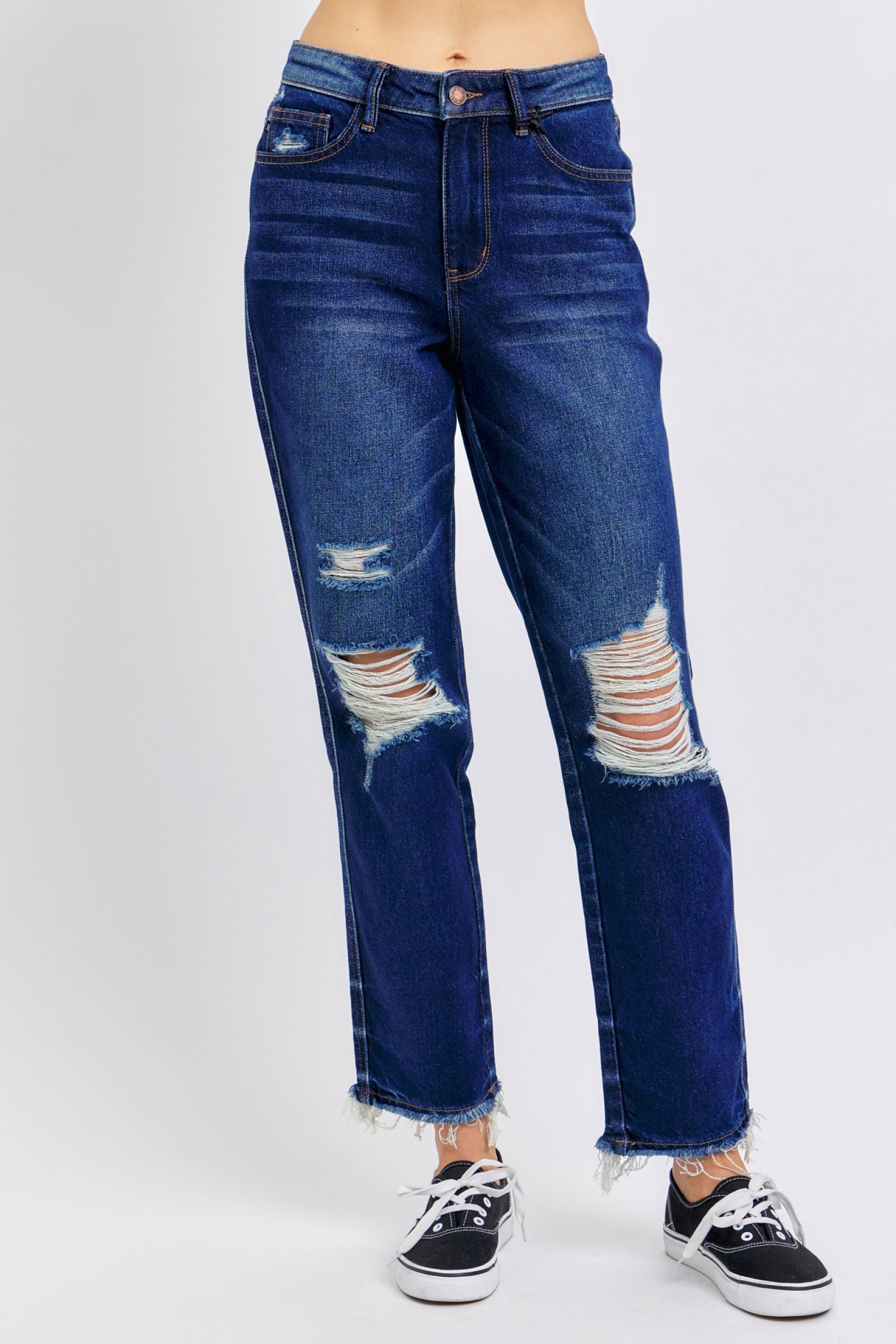 HIGH WAIST RIGID MAGIC HEAVY DESTROYED STRAIGHT DARKWASH JUDY BLUE DENIM