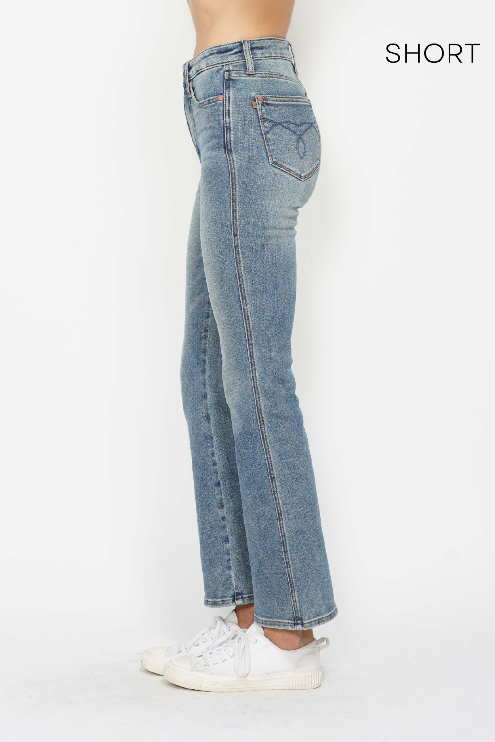 *SHORT INSEAM* HIGH WAIST TUMMY CONTROL MEDIUM WASH BACK POCKET EMBROIDERY BOOTCUT JUDY BLUE DENIM