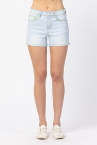 MIDRISE LIGHT WASH RAINBOW THREAD SHORTS JUDY BLUE DENIM-PLUS