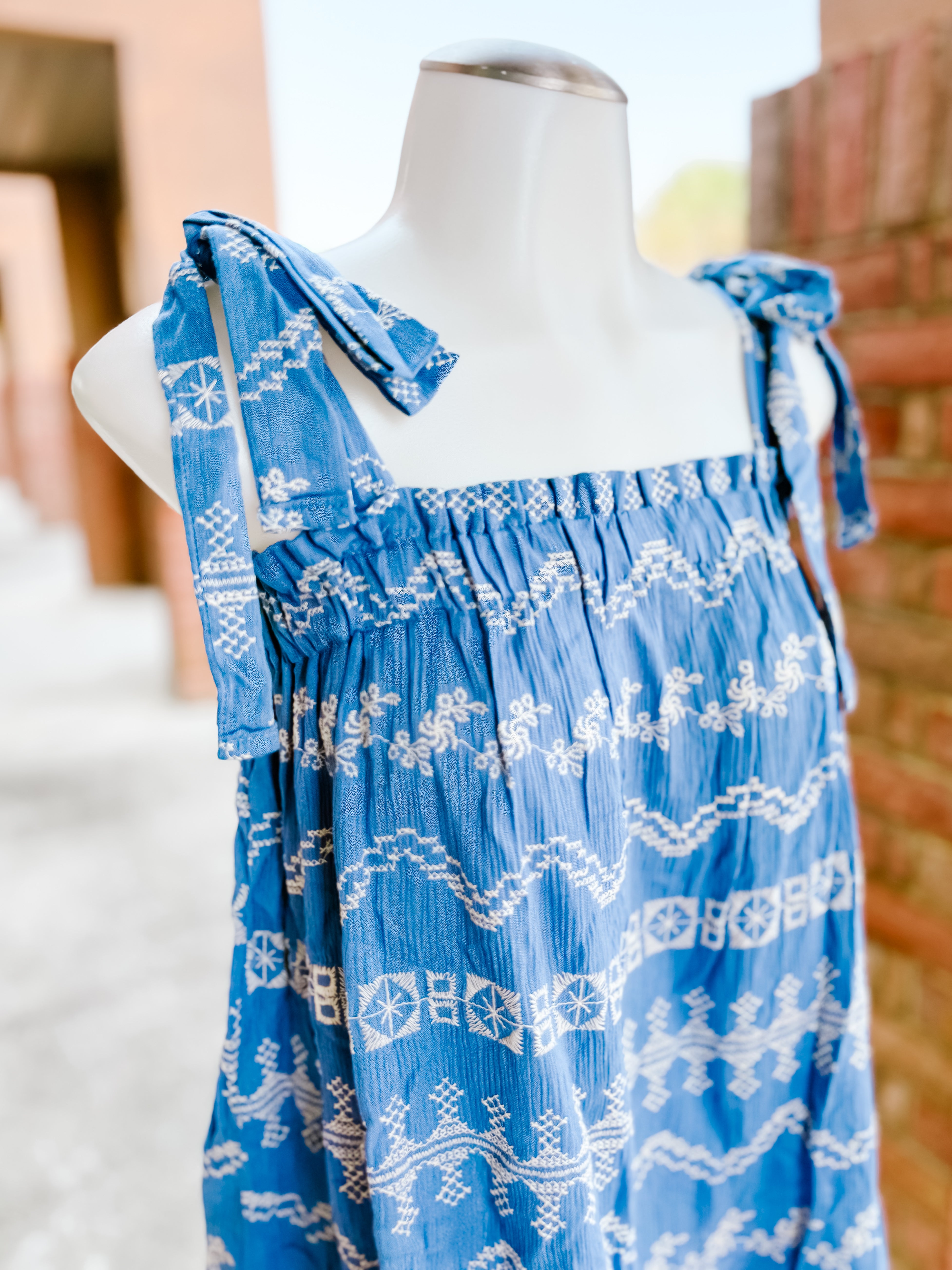 Denim Blue Tie Sleeve Embroidered Tank- SALE