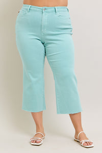 LIGHT BLUE SKY HIGH WAIST GARMENT DYED RAW HEM CROP WIDE LEG JUDY BLUE DENIM-PLUS