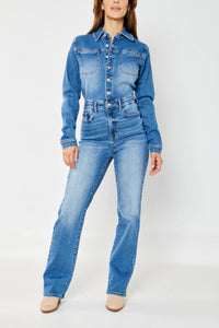 Judy Blue Medium Wash High Waist Denim Long Sleeve Jumpsuit Slim Straight