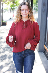 BURGUNDY FRILLED EDGED VNECK TIE LONG SLEEVE TOP-PLUS