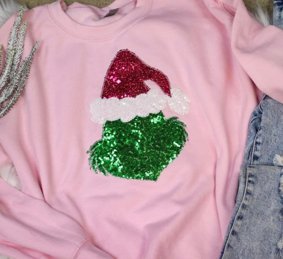 THE MEAN ONE GRINCH FACE SWEATSHIRT APPLIQUED HANDMADE EMBROIDERED