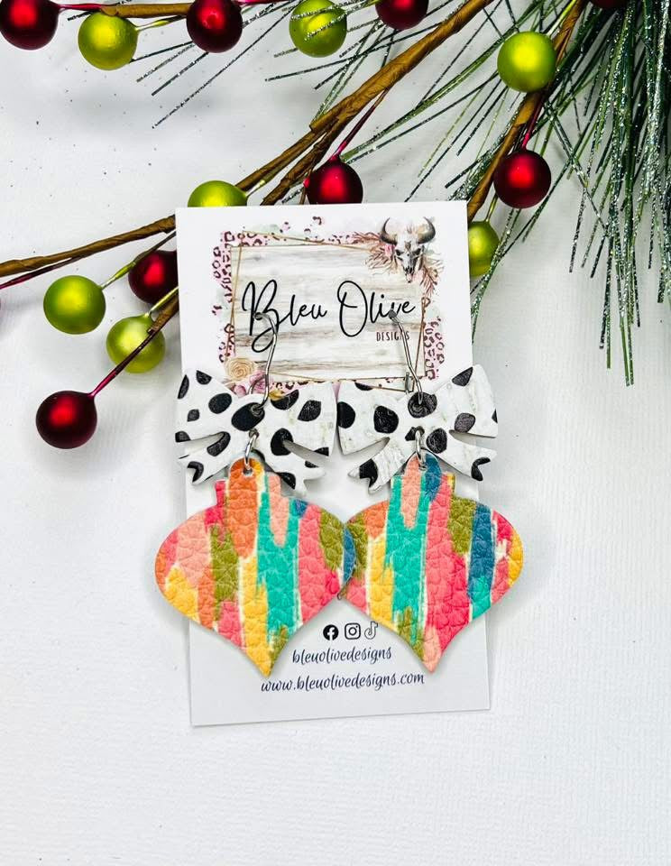 GLITZ & GLAM CHRISTMAS ORNAMENT WITH BOW HANDMADE EARRINGS BY B.O.D