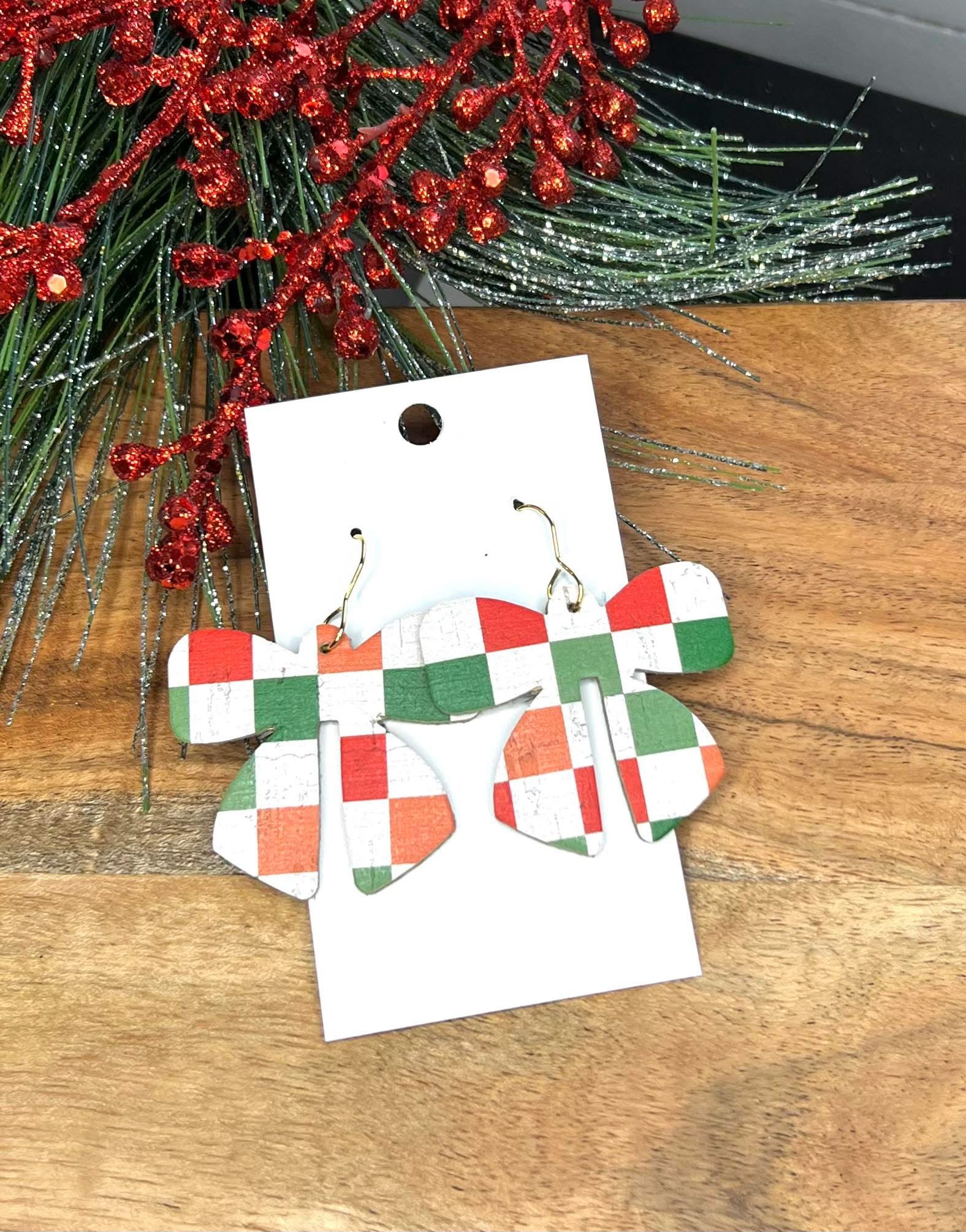 RED GREEN CHECKERED PRINT RIBBON BOWS FOR CHRISTMAS LEATHER HANDMADE EARRINGS BY B.O.D