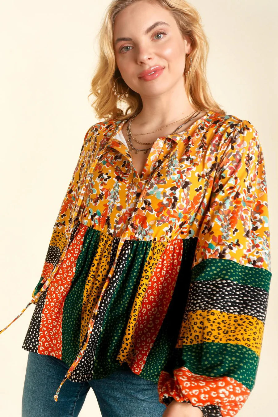 BUTTER SOFT MUSTARD RUST MULTI PRINTED TOP-PLUS