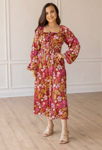 WINE GRADEN ROMANCE SATIN PRINTED MAXI DRESS