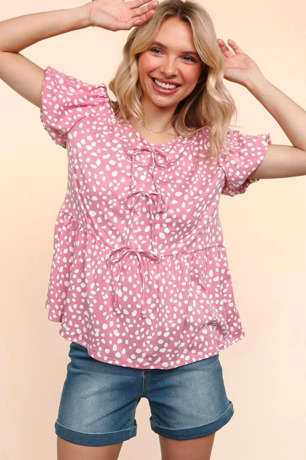 ROSE ANIMAL DOTTED FRONT RIBBONS BOW TIE BABYDOLL KNIT TOP