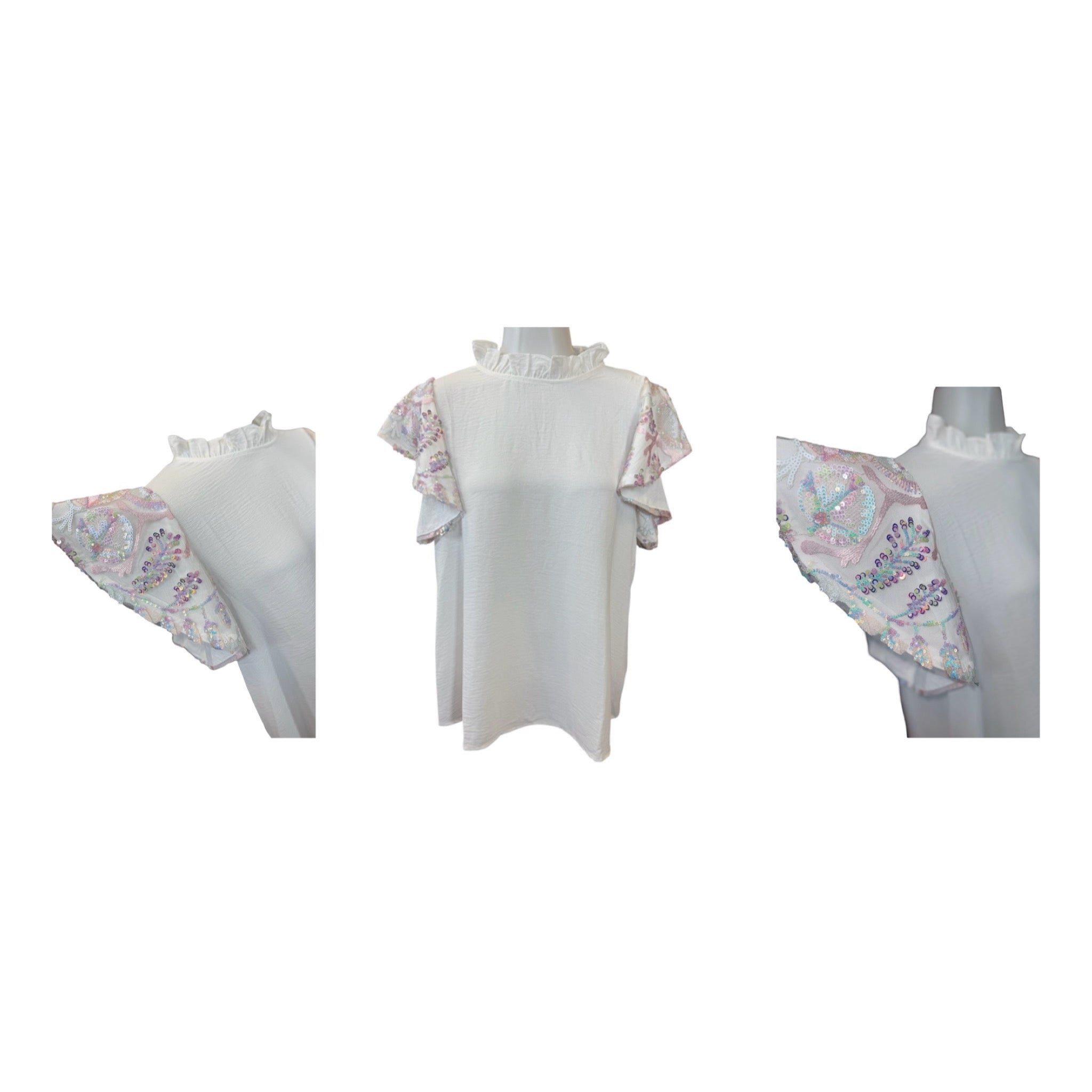 WHITE IRIDESCENT SEQUIN FLUTTER SLEEVE BLOUSE- SALE- MEDIUM & LARGE AVAILABLE
