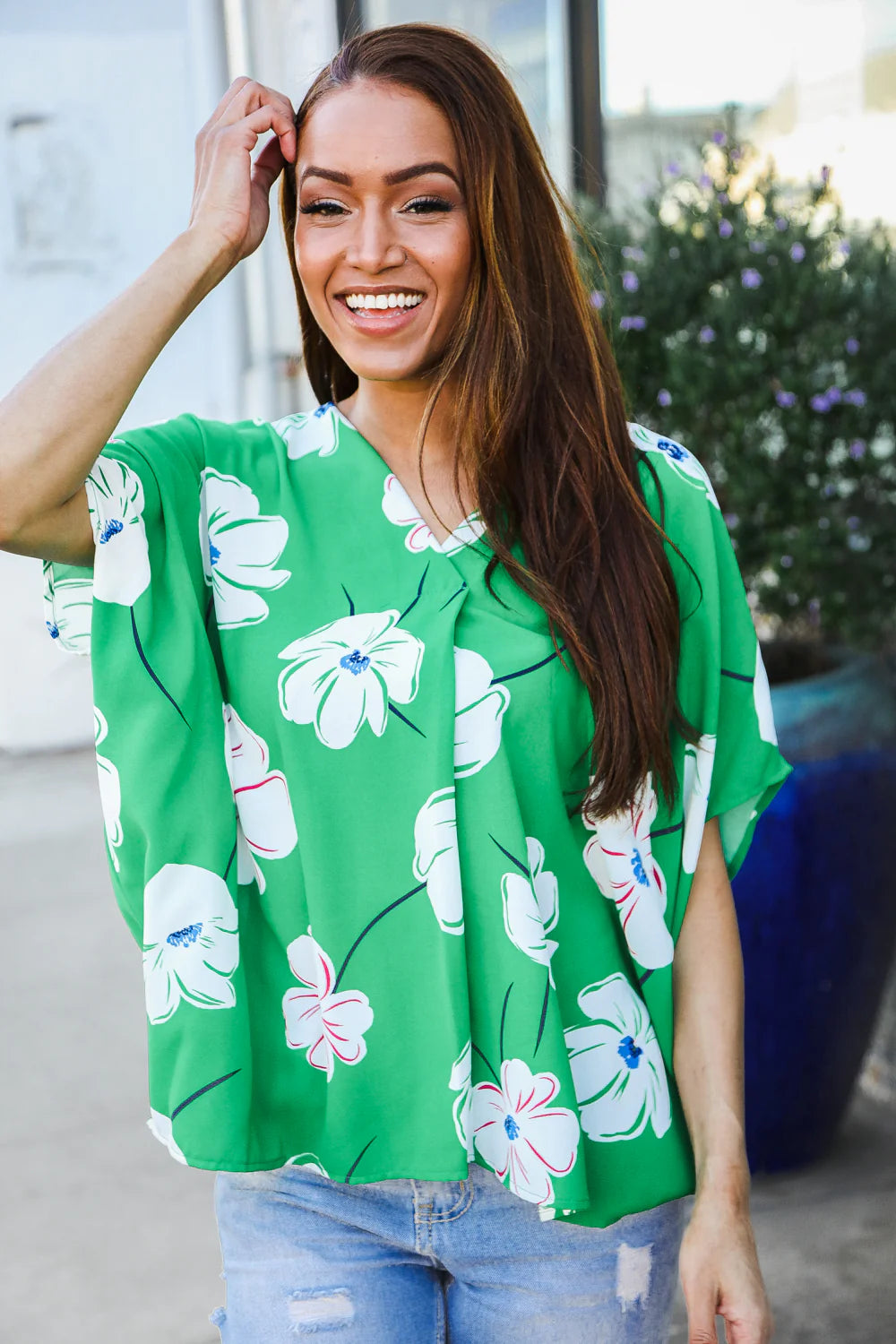 GREEN FLORAL WOVEN VNECK DOLMAN TOP- SALE