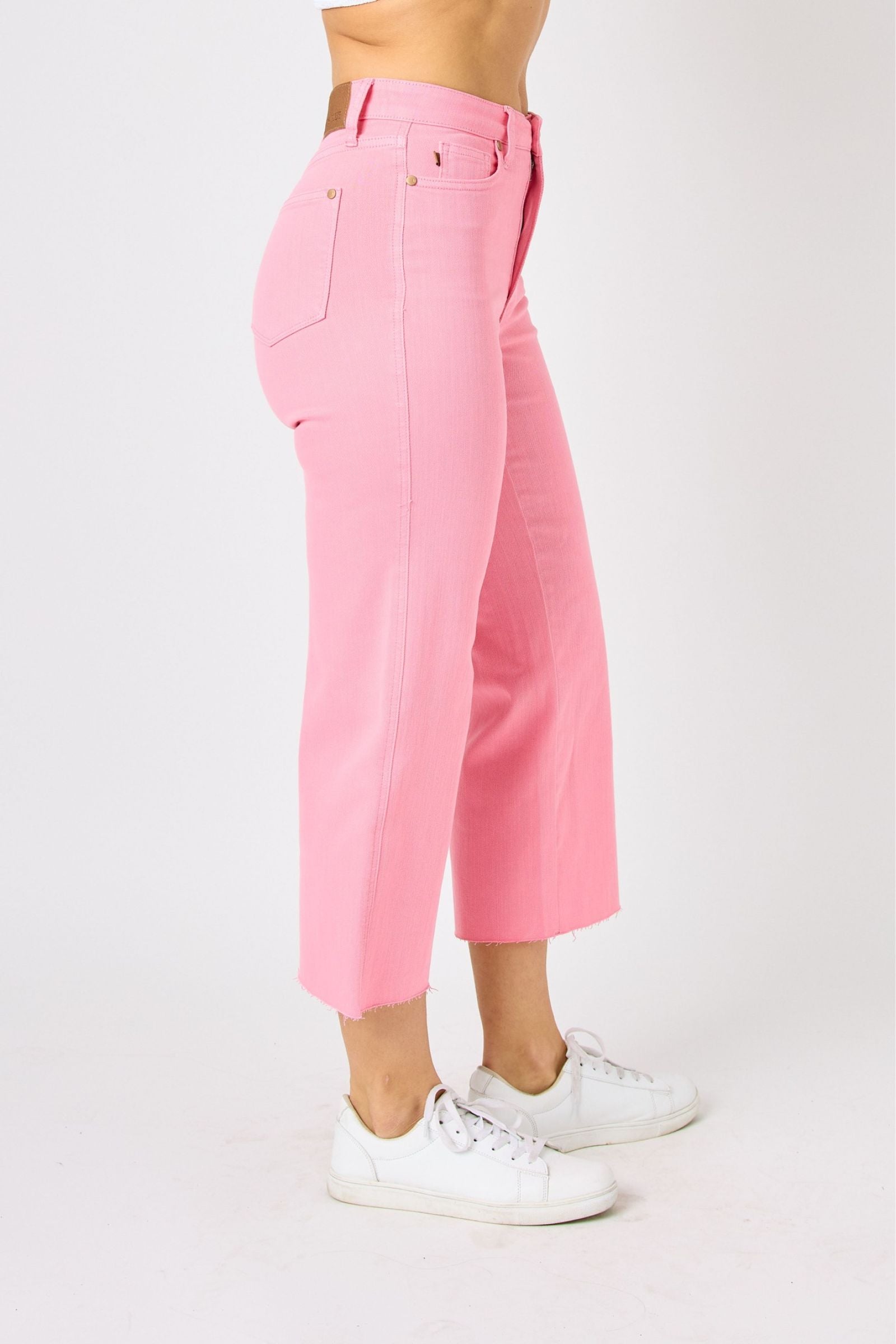 PINK HIGH WAIST GARMENT DYED TUMMY CONTROL CROPPED WIDE LEG JUDY BLUE DENIM- PLUS