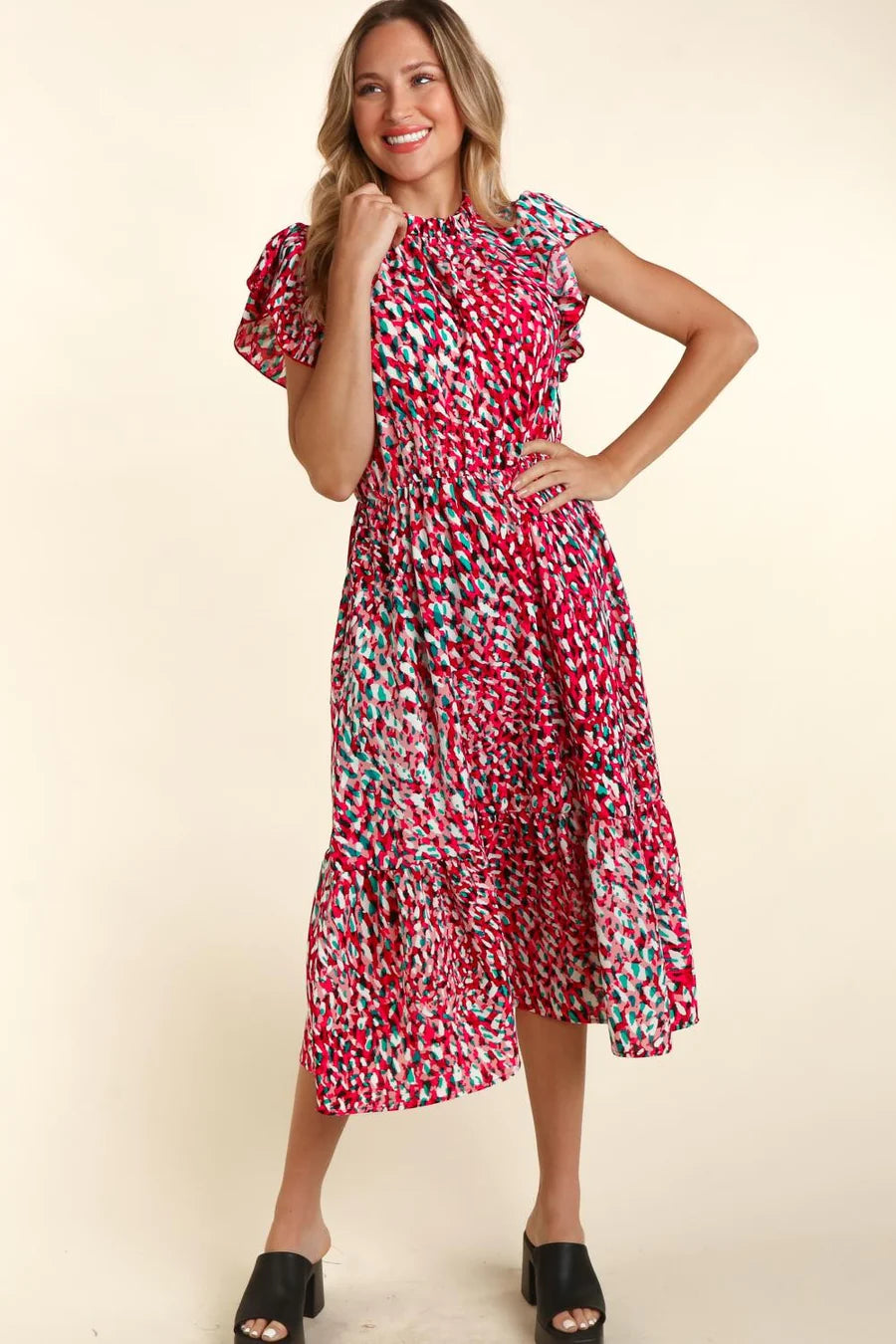 FUCHSIA TEAL MOCK NECK BACK BUTTON SIDE POCKETED MIDI DRESS