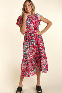 FUCHSIA TEAL MOCK NECK BACK BUTTON SIDE POCKETED MIDI DRESS